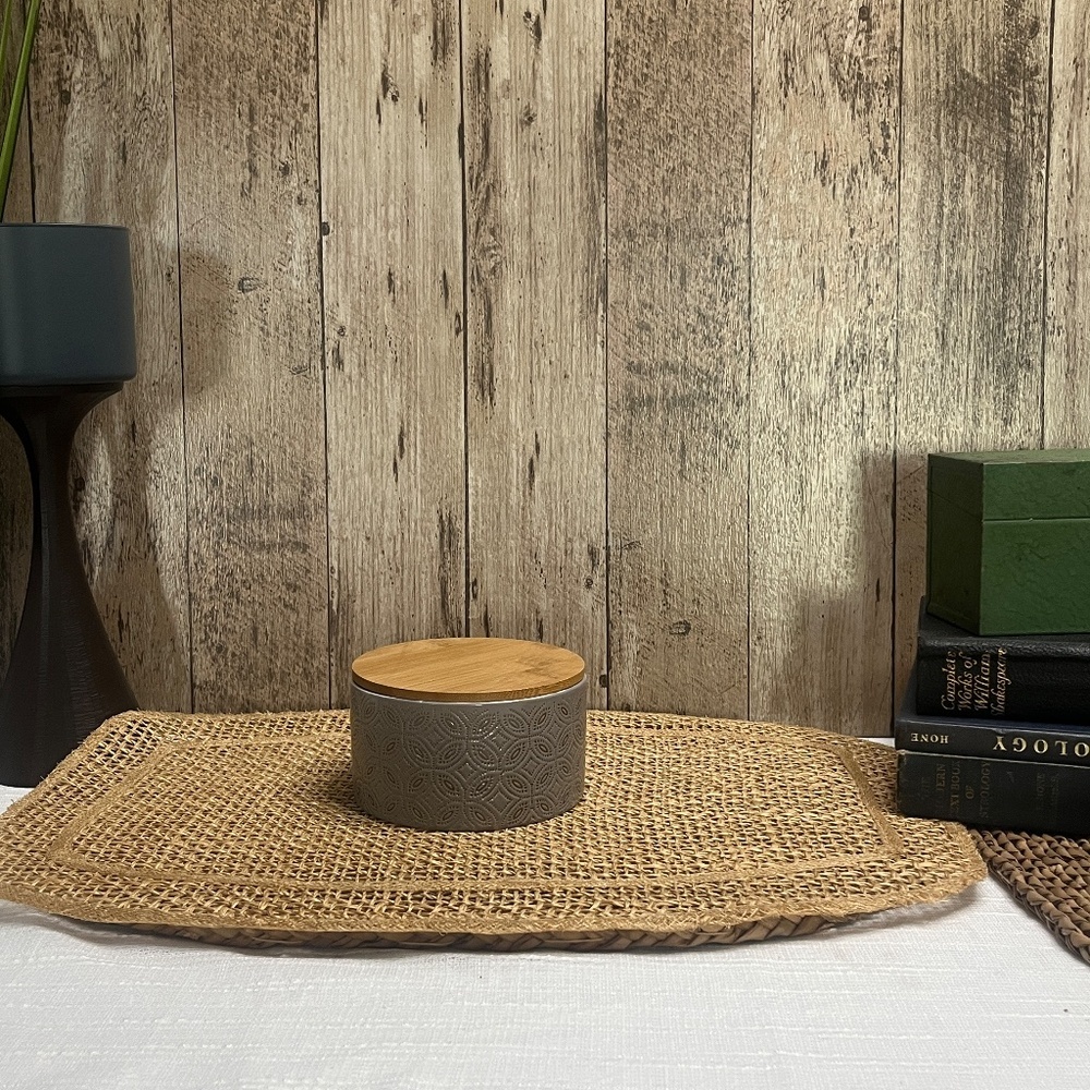 Gray Embossed Ceramic Storage Jar with Bamboo Lid | Modern Bathroom Kitchen Cani - Picture 4 of 6